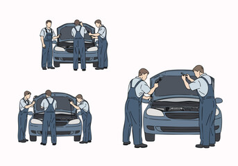Illustrated Repairing and Servicing Car with Mechanic People Occupation