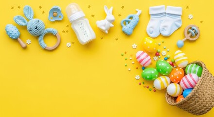 Easter eggs, baby bottle and baby toys on yellow background