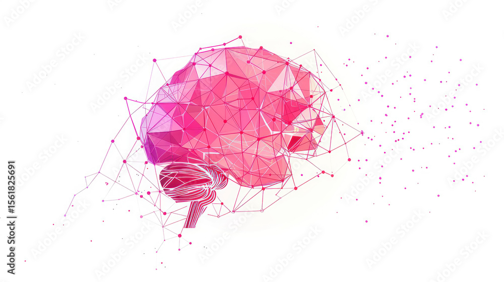 Poster abstract representation of a pink human brain with geometric lines and particles showing neural conn