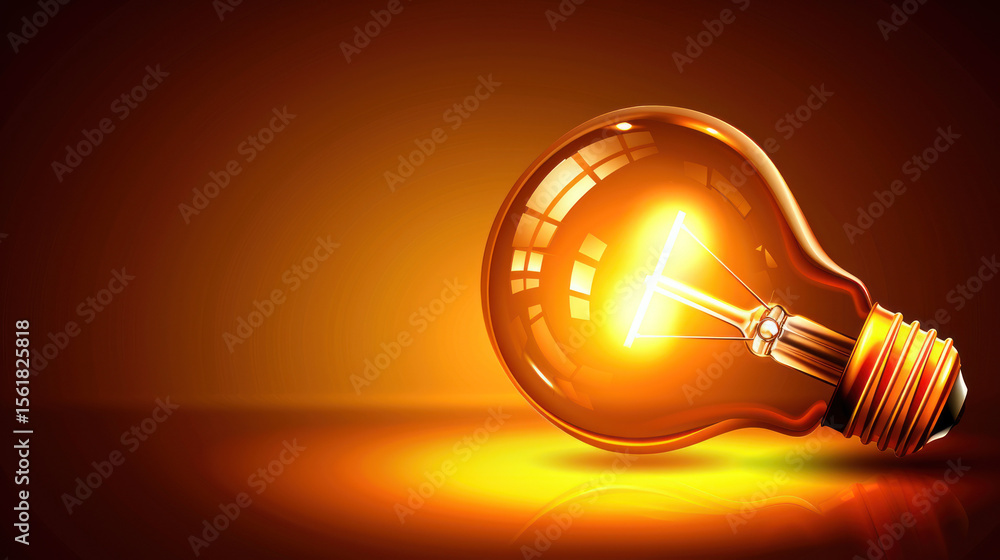 Poster light bulb with warm glow on reflective surface against gradient background for creative design and 