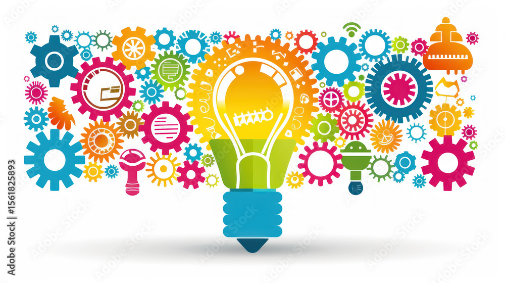 Poster creative light bulb design surrounded by colorful gears and tools representing innovation and techno
