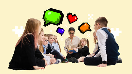 Colorful collage. Children gathered around teacher reading aloud, with bright pixel speech bubbles,...