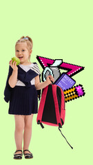 Dynamic photo collage of smiling girl holding apple and backpack, blended with pixel school...
