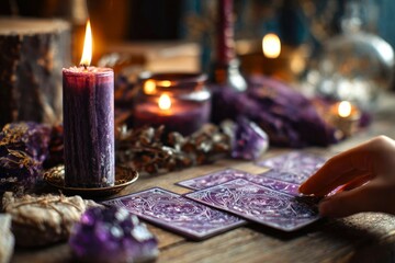 A fortune teller's hand touches a deck of tarot cards on a table, surrounded by candles and amethyst. Tarot layout, concept of astrology and magic spiritual horoscopes