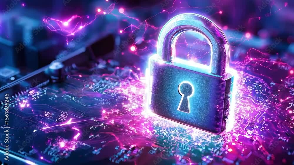 Poster a digital padlock over a circuit board, symbolizing cybersecurity and data protection with glowing e