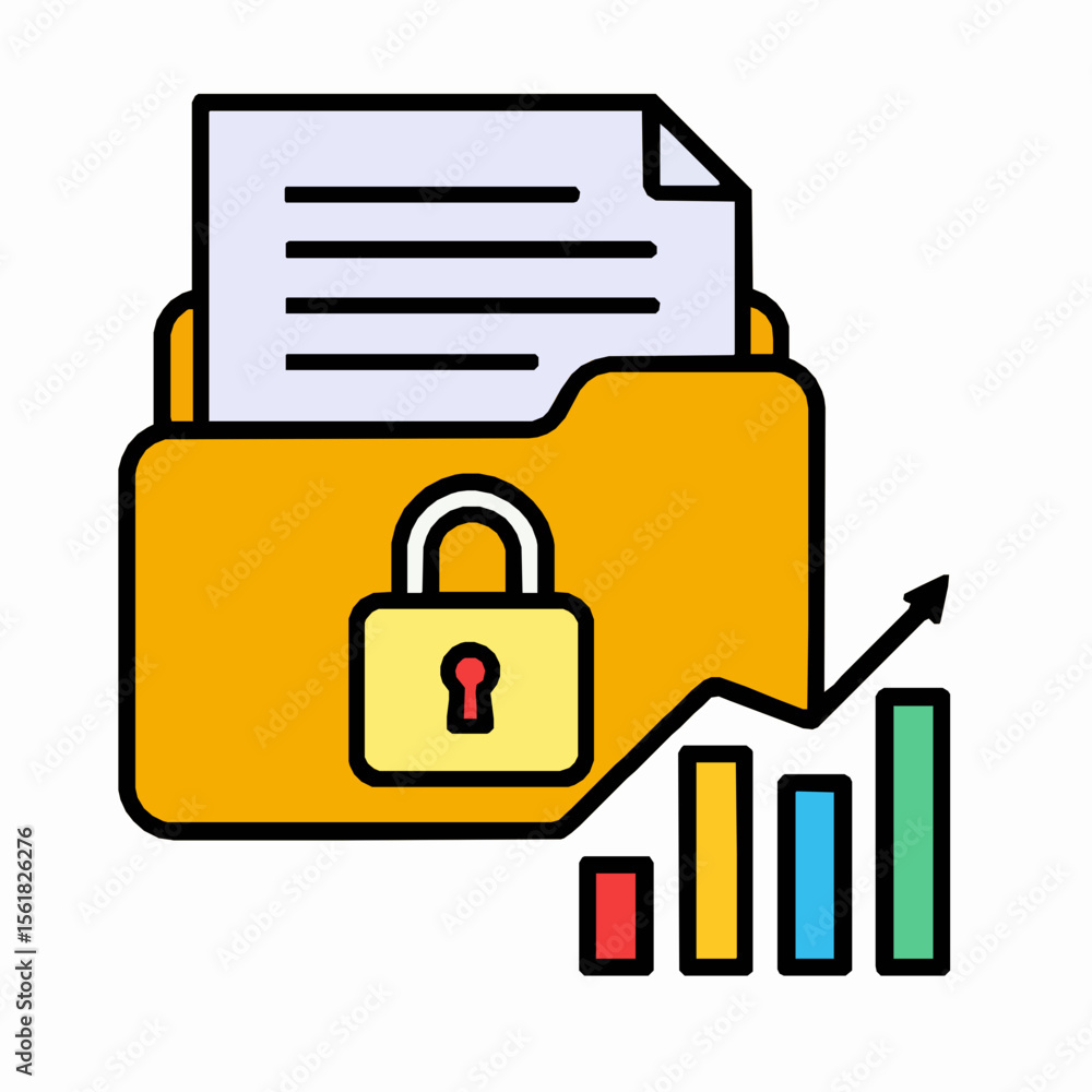 Poster secure data analysis with protected folder and financial growth chart illustration