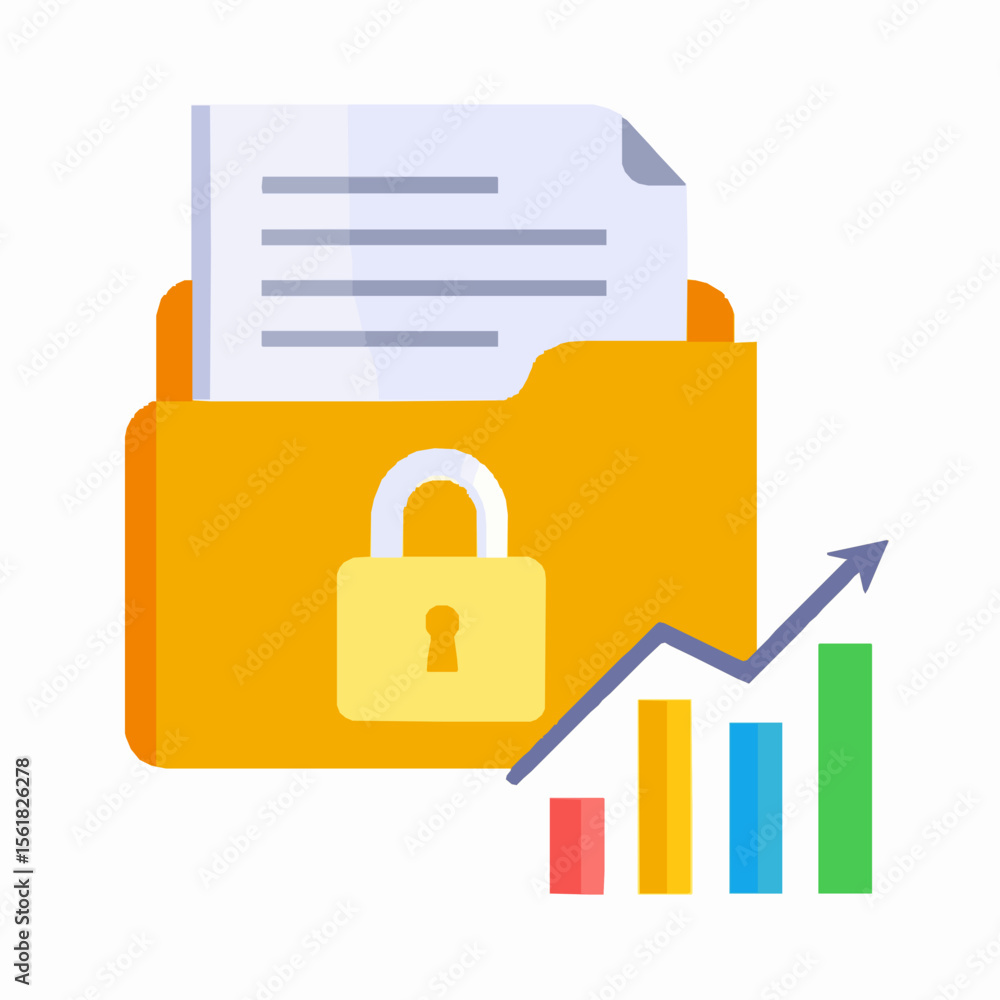 Poster secure financial data and growth concept with padlock folder and upward bar chart