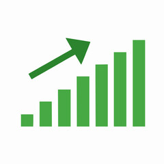 Green upward trending bar chart with ascending arrow representing growth and success