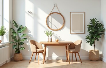 Stylish dining room with cozy furniture, plants. Modern interior design features wooden table, chairs, mirror, framed picture. White walls, soft natural light creating warm ambience. Minimalist