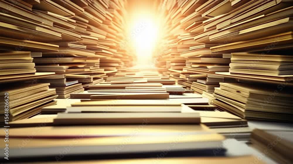 Poster a pathway lined with stacks of documents or papers, leading towards a bright light at the end, creat