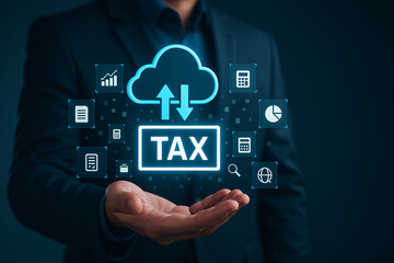 Cloud-Based Tax Management System – Digital Tax Filing and Accounting Interface with Finance Icons in Futuristic Technology Environment


