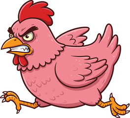 Angry pink cartoon chicken running aggressively with fierce expression, perfect for humorous, rebellious, or energetic animal-themed designs.