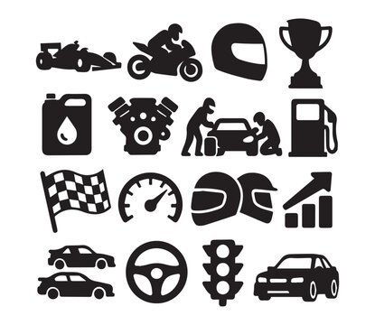 Motorsports Silhouette Icon Set. Racing, Vehicles, Pit Stop, Trophy, Speed Symbols and more.
