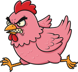Angry pink cartoon chicken running aggressively with fierce expression, perfect for humorous, rebellious, or energetic animal-themed designs.