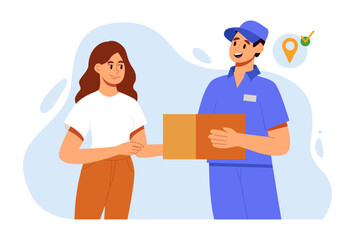 Delivery Service Concept. Fast Delivery Man Give Package to Customer Door. Vector Illustration in Flat Style.