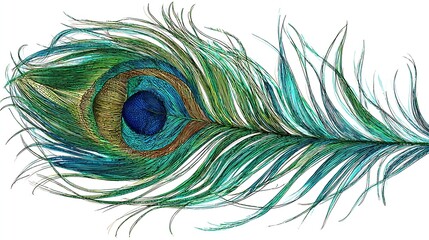 Obraz premium Isolated Vibrant Peacock Feather Artwork on White Background for Decoration or Design