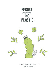Vector Hand drawn cartoon sketch of reduce plastic bottle. Sustainable lifestyle. Plastic free ecological poster. Zero waste Concept