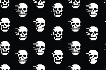 Pixel Art Skull Seamless Pattern Black Background