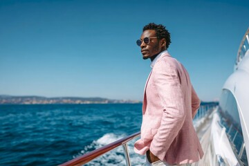 Fashionable successful african businessman standing on private boat, luxury yacht trip concept, summer vacation