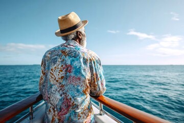 Successful senior man looking at sea, standing on private boat, luxury yacht travel concept, summer vacation