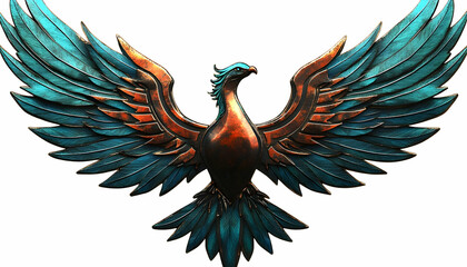 Fototapeta premium Bird emblem, wings spread wide, teal and copper, digital rendering on white, facing forward