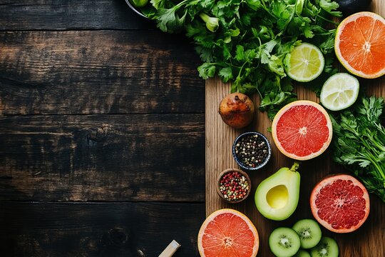 Vibrant Organic Citrus Fruits, Avocado, and Fresh Vegetables on Wooden Table for Healthy Eating