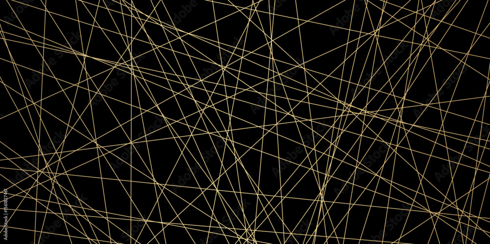Poster abstract luxury gold geometric random chaotic lines with many squares and triangles black background