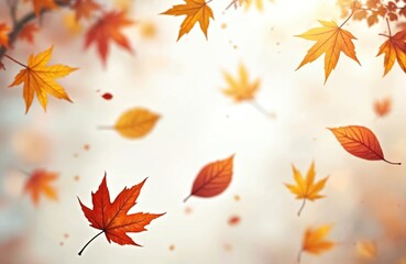 Illustration of falling autumn leaves. Various autumnal leaves floating gently in air. Brown orange gold maple oak red yellow colors on transparent background. Seasonal wind illustration background.