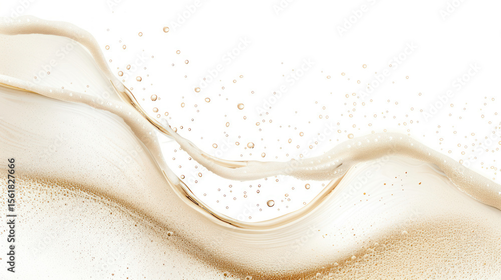 Poster smooth flow of creamy liquid with bubbles and splashes on white background for beverage design or pr