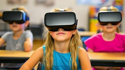 Children in a classroom wearing virtual reality headsets, engaged in a learning activity or experience. - Powered by Adobe