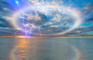 Calm sea before storm with amazing rainbow and lightning at sunset   