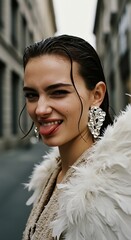Playful Fashion Portrait of Woman with Tongue Out in Luxurious Feather Costume
