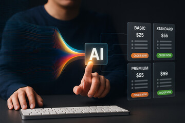 Finger touching AI button with dynamic flow and virtual pricing plans for subscription packages in modern user interface

