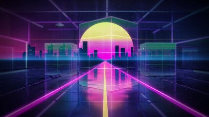 Reaching third second, magenta sun flickering glitch rectangles above highway with neon pink lights - Powered by Adobe