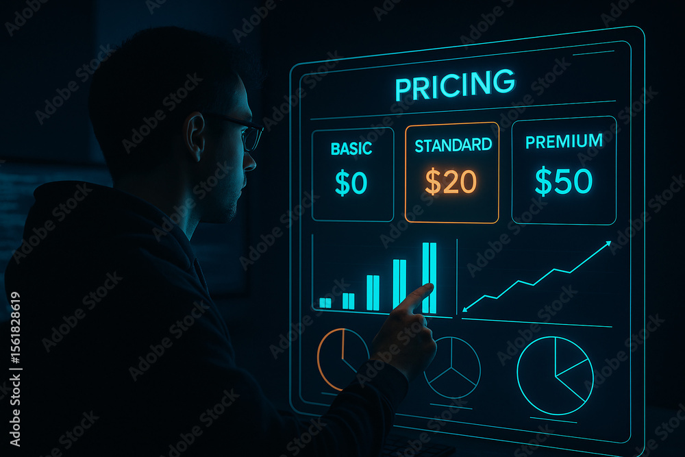 Aufkleber man analyzing digital pricing chart on futuristic interface screen with interactive graphs and subsc