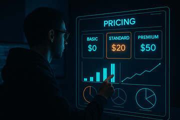 Man analyzing digital pricing chart on futuristic interface screen with interactive graphs and subscription options

