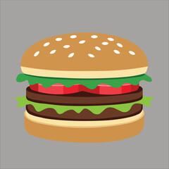 This vector image depicts a stylized hamburger with a sesame seed bun lettuce tomato and two meat patties
