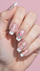 Close-up of decorated nails with intricate floral pattern on pink background
