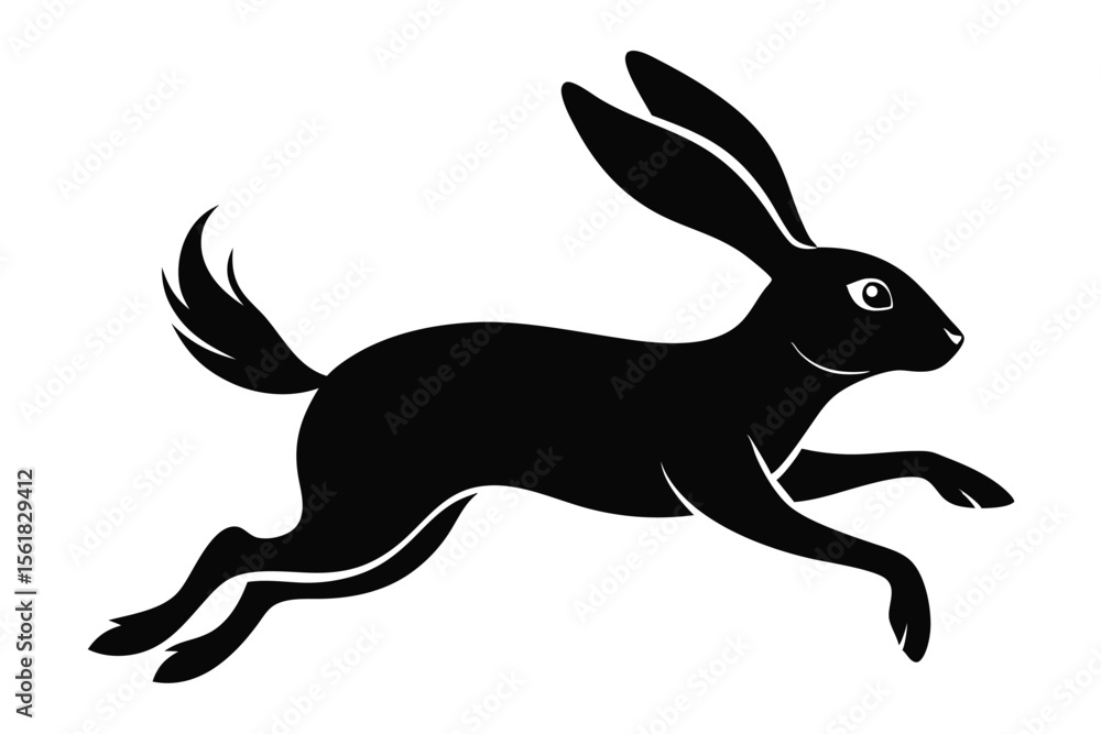 Poster dynamic black silhouette of a running hare or rabbit in motion against a white background