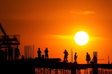 Fototapeta premium Silhouette of a construction site worker at sunset