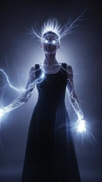 Woman with glowing eyes and lightning-charged body changing poses, representing power and energy concept footage.