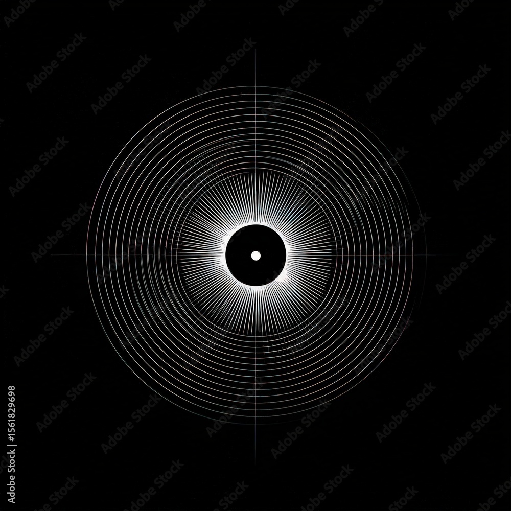 Poster abstract concentric circles with radiating lines create a target like design on black.