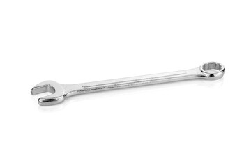 Shiny chrome combination wrench, a common hand tool for repair and construction, isolated on white background with clipping path.
