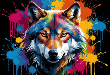 A wolf head in a modern abstract style, featuring bold brush strokes and multicolored paint splashes on a dark background, wall art, album covers, or branding in creative industries