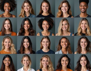 Fototapeta na wymiar Diverse faces of men, women smiling. Composite of many people with different ethnic backgrounds, ages. Smiling people faces, diverse group. Portrait collection.