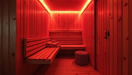Plakat Modern infrared sauna with red LED lighting in wooden room. Offers health wellness relaxation therapy heat spa cabin interior design for luxury comfort well-being. Provides detox body temperature