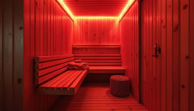 Modern infrared sauna with red LED lighting in wooden room. Offers health wellness relaxation therapy heat spa cabin interior design for luxury comfort well-being. Provides detox body temperature
