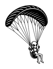 Vector alien parachuting black and white illustration