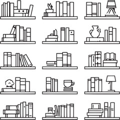 Bookshelf Black Line Editable Icons set 