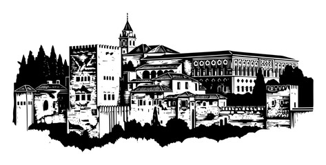 Fototapeta premium Alhambra Palace and Generalife Gardens in Granada – Historic Spain Vector Panorama Illustration